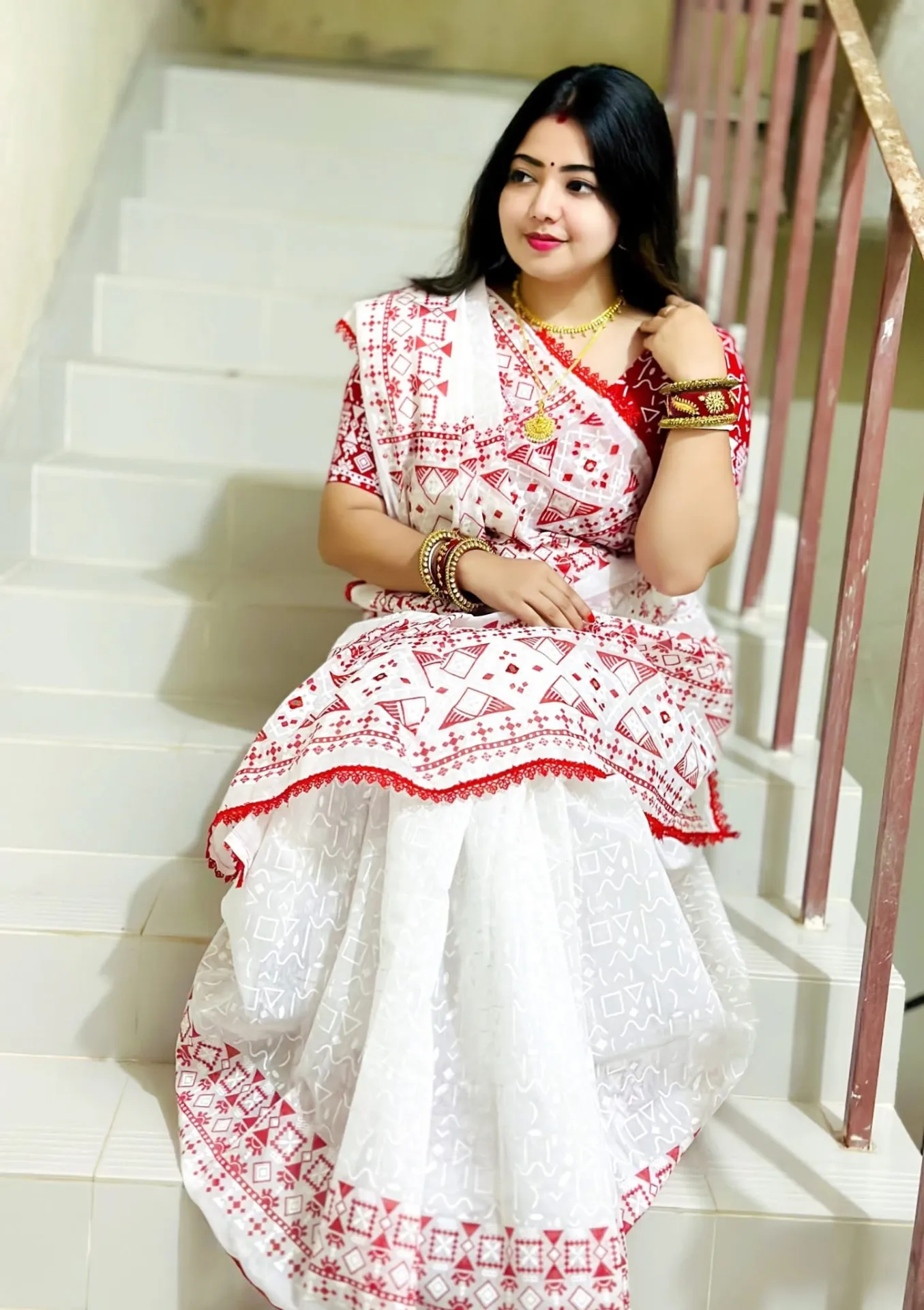 Red and white cotton silk screenprint and lace work Saree